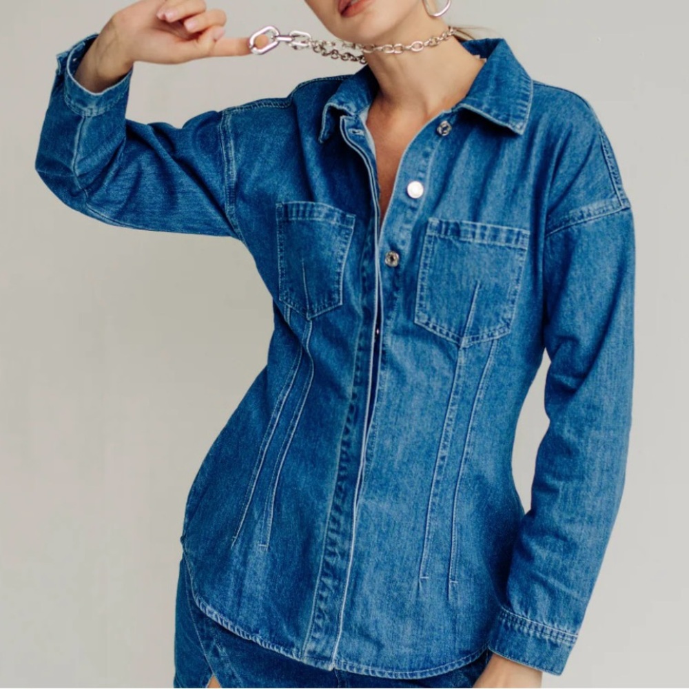 Torn by Ronny Kobo Blue Button Down Erika Top- Medium wash